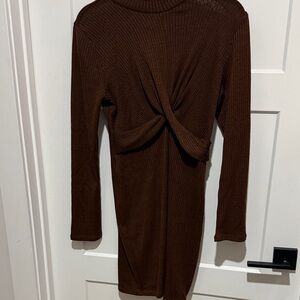 Knit Twist-Front Long Sleeve Dress in Brown